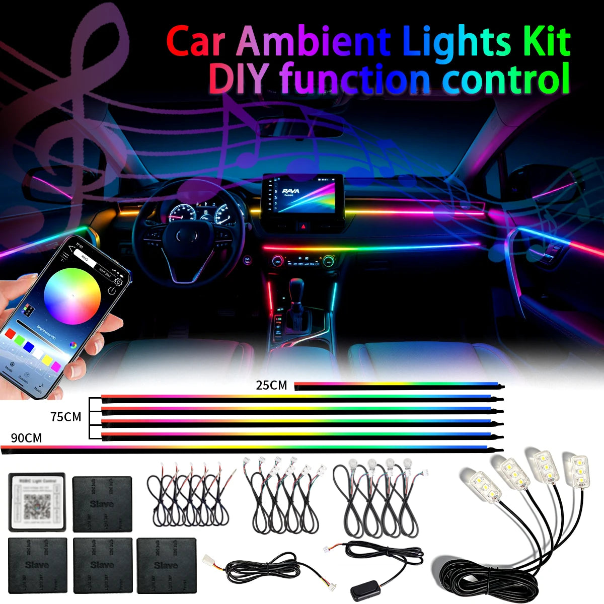 Auto-Ambientebeleuchtungs-Kit mit farbigen LED-Streifen und Steuerkomponenten für DIY-Funktionssteuerung
