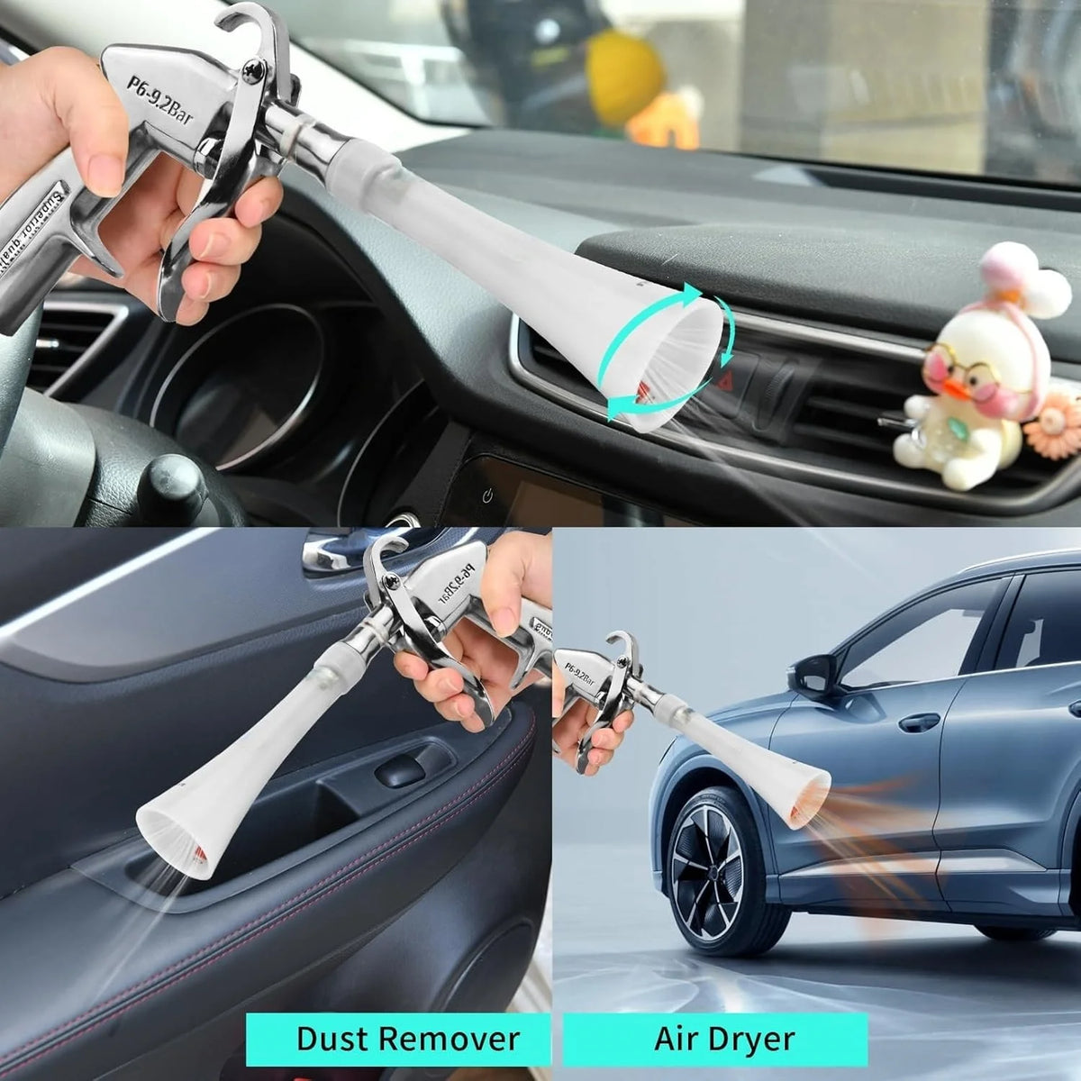 A hand is using a Tornado Dry Cleaning Gun with an adjustable brass nozzle to remove dust from a car interior.