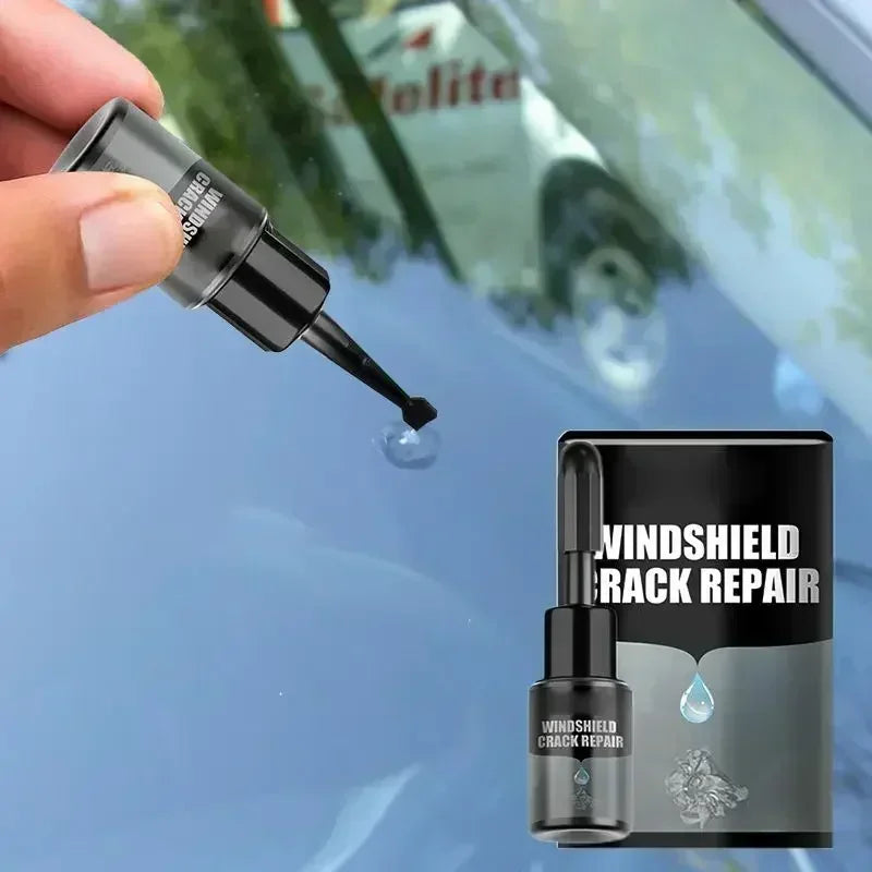 A hand is applying a windshield crack repair kit to a car window, showing the glass surface and the product bottle.
