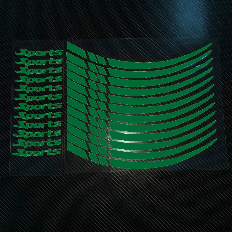 A set of green reflective decals shaped like curved lines and geometric patterns for motorcycle wheels.