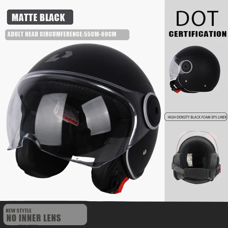 Mattschwarzer DOT-zertifizierter Offenhelm mit klarem Visier und sichtner Schaumstoffpolsterung.