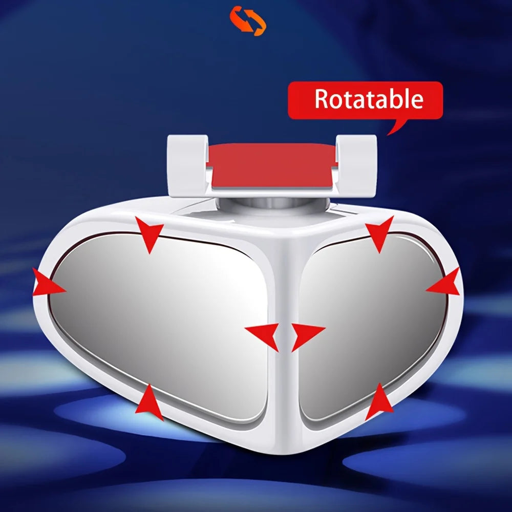 A white, rotatable blind spot mirror is shown with red arrows indicating its adjustable viewing angle.