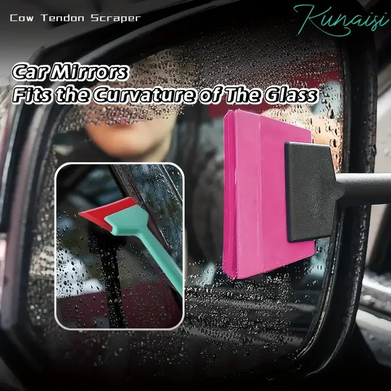 A pink and black tendon scraper tool is shown fitting the curve of a car mirror glass.