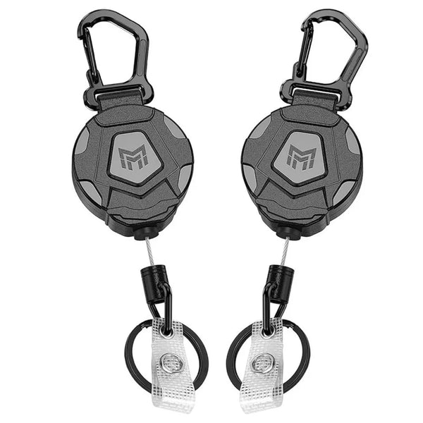 A heavy-duty retractable keychain badge holder with a carabiner in gray and black.