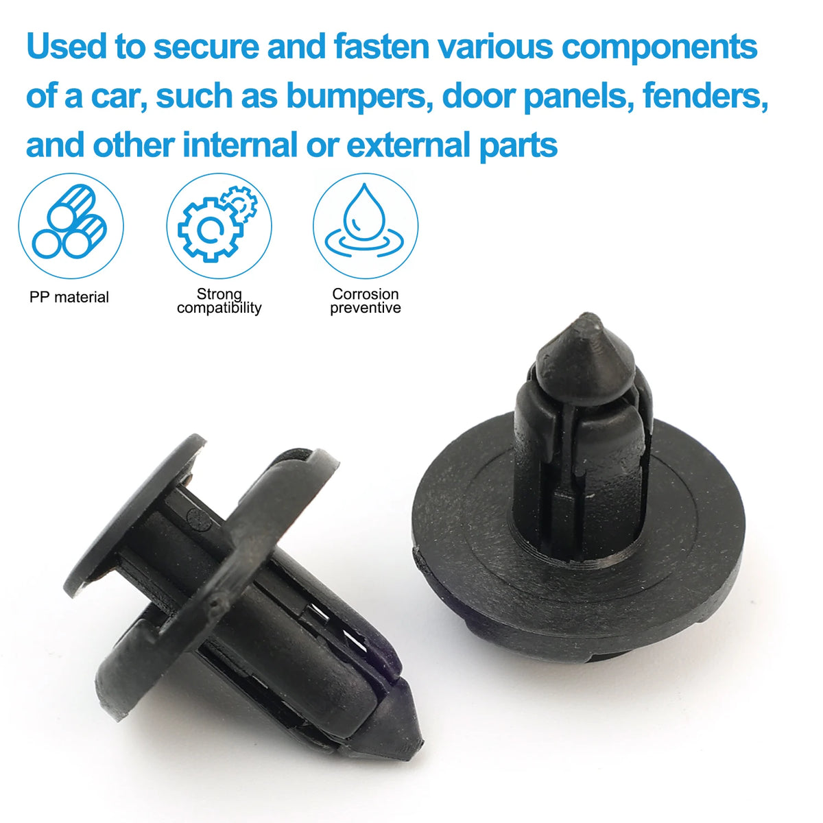 Black plastic bumper clips used to secure various car parts like bumpers and door panels