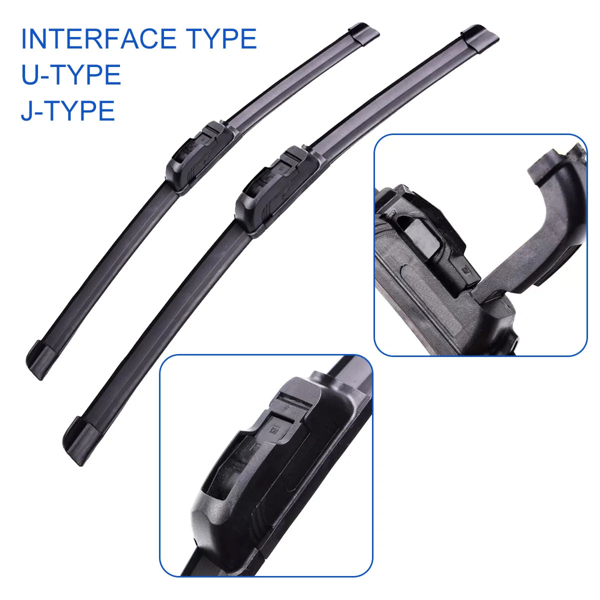 Two black U-type and J-type natural rubber windshield wiper blades for front replacement