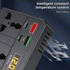 A close-up view of a black power converter device with indicator lights showing temperature and voltage settings.