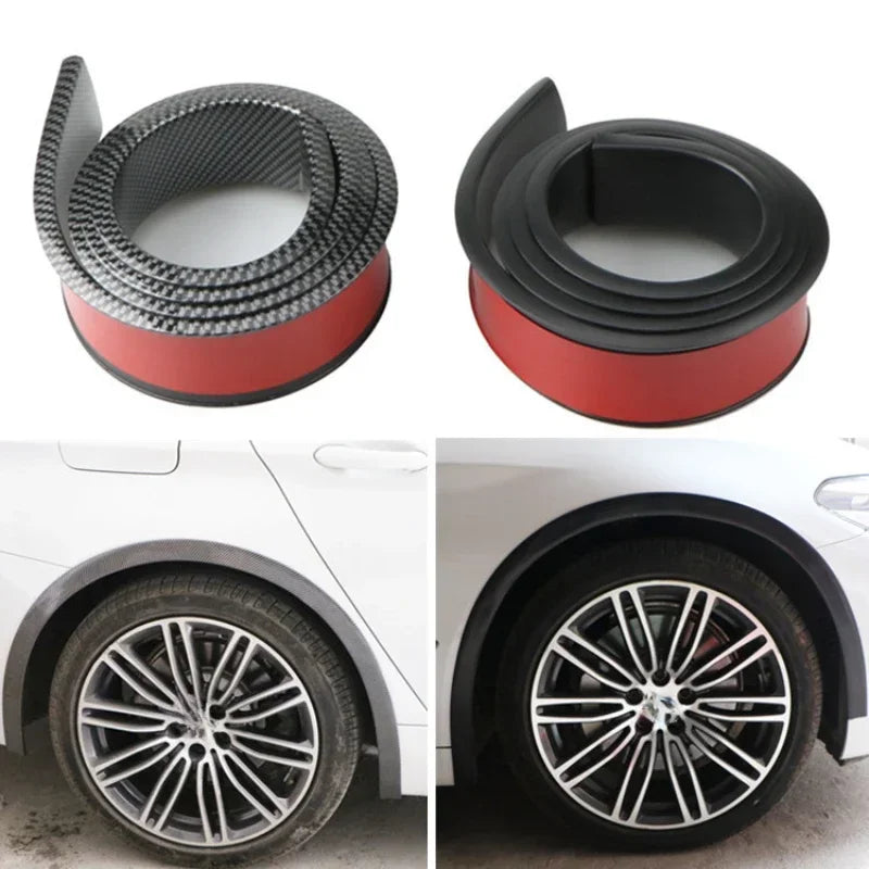 Carbon fiber trim for car wheel arches showing a black and red finish installed on a vehicle wheel.