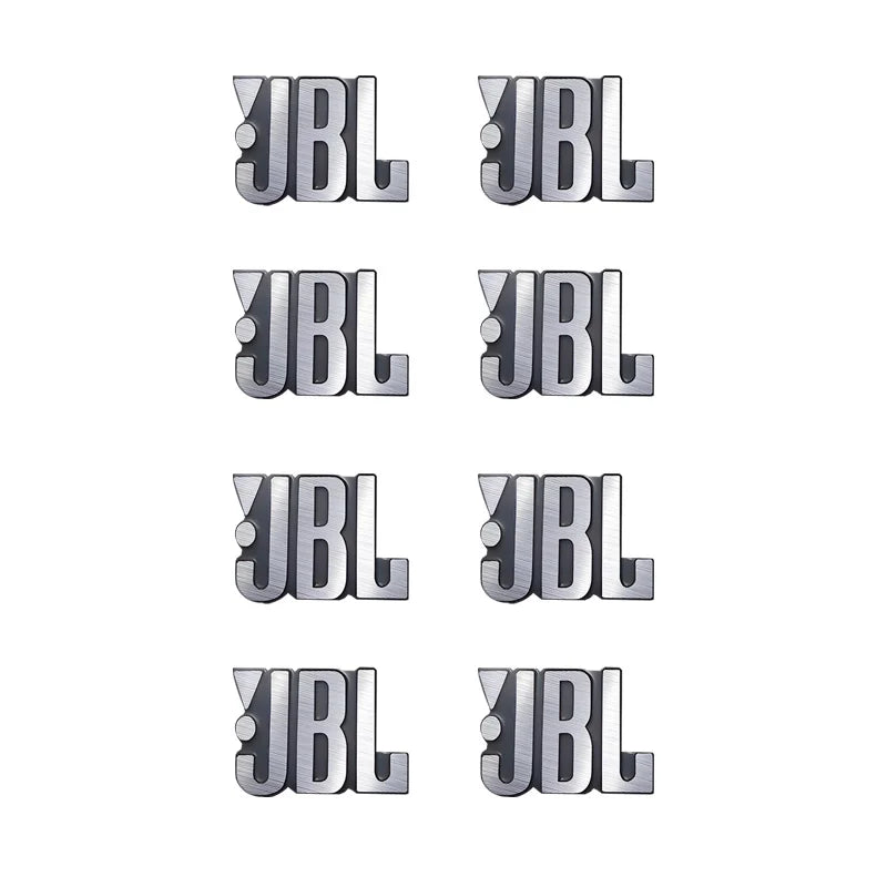 Five silver-colored 3D aluminum car audio emblems with the JBL logo.