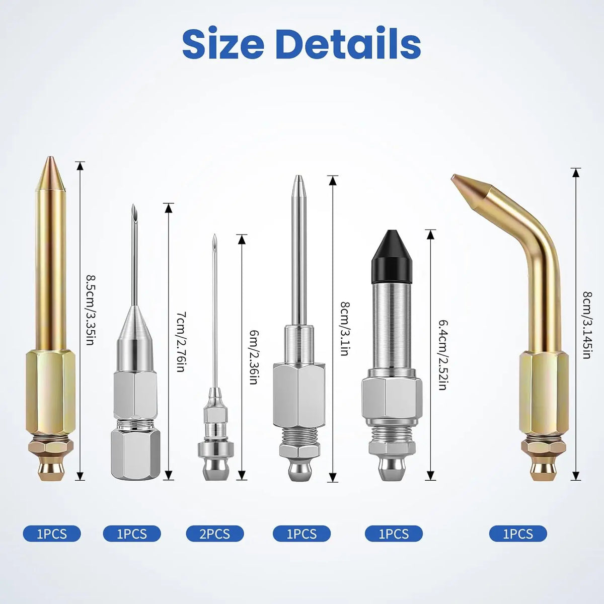A set of seven grease gun needles and fittings shown in various sizes and configurations.