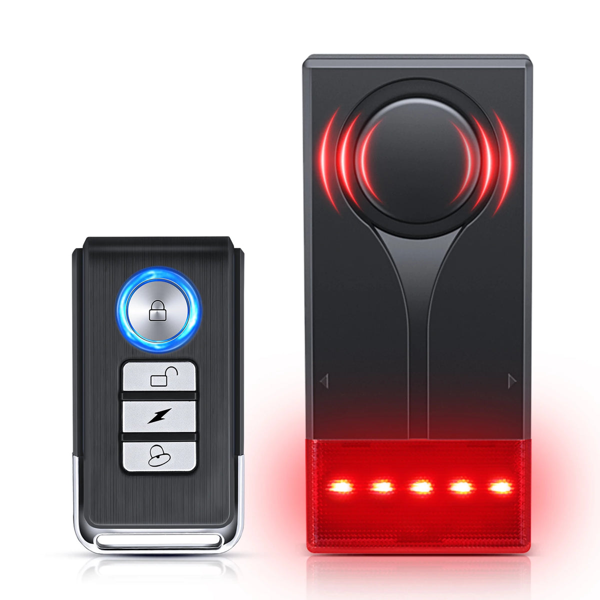 A black wireless car anti-theft vibration alarm device with a blue light and red LED indicators.