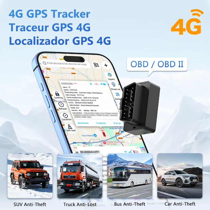 A smartphone displays a map interface showing a GPS tracker location, next to an OBD/OBD II GPS tracker device.
