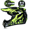 A black and neon yellow off-road safety helmet shown in various angles.