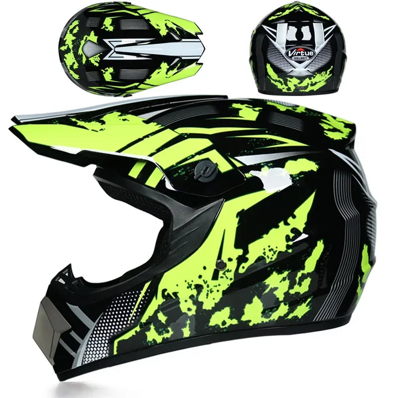 A black and neon yellow off-road safety helmet shown in various angles.