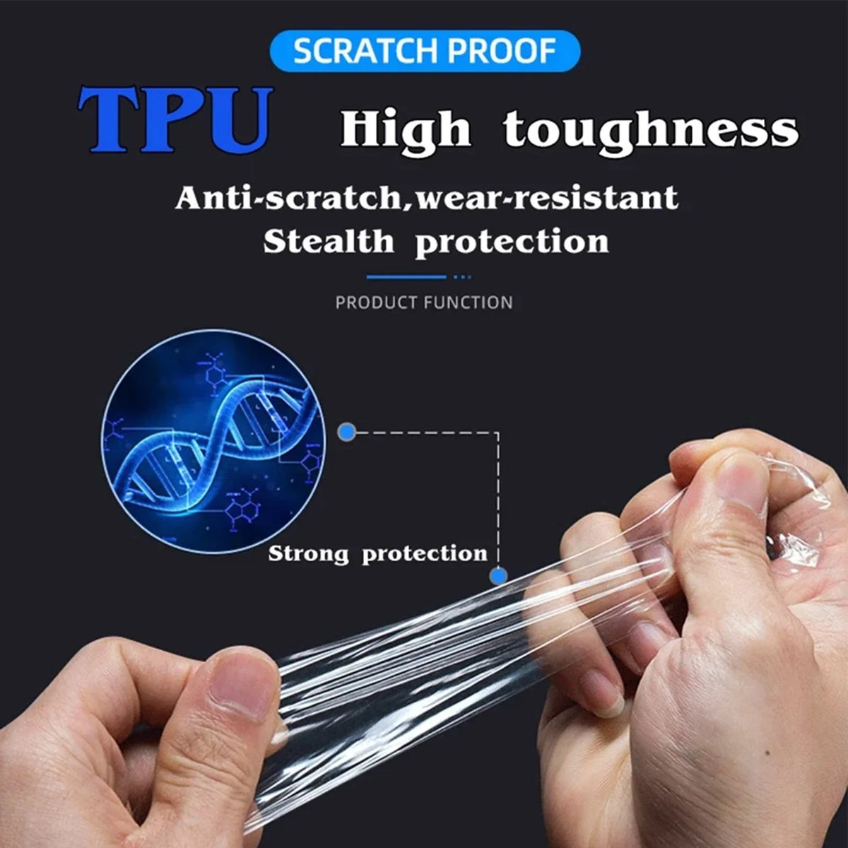 Hands are applying clear TPU paint protection film to a surface, demonstrating its scratch-proof toughness.