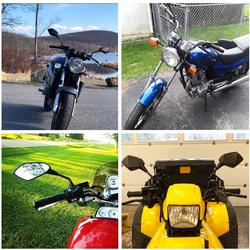 A high-visibility motorcycle rearview mirror is shown in three different views.
