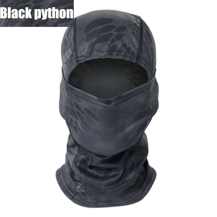 A dark gray black python full face balaclava mask with a mesh pattern.