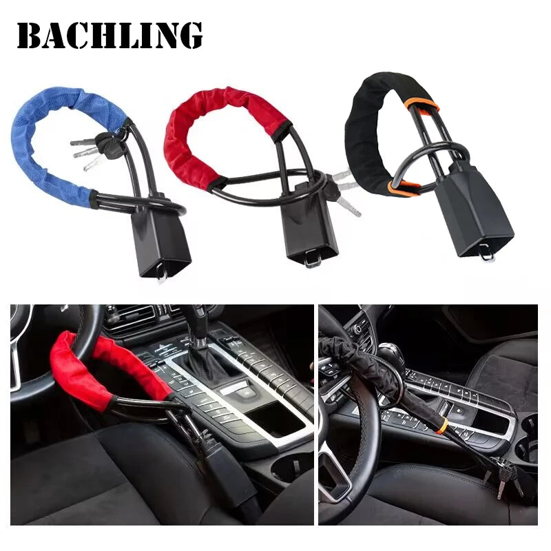 A set of universal car steering wheel and seatbelt anti-theft locks in various colors including blue, red, and black.