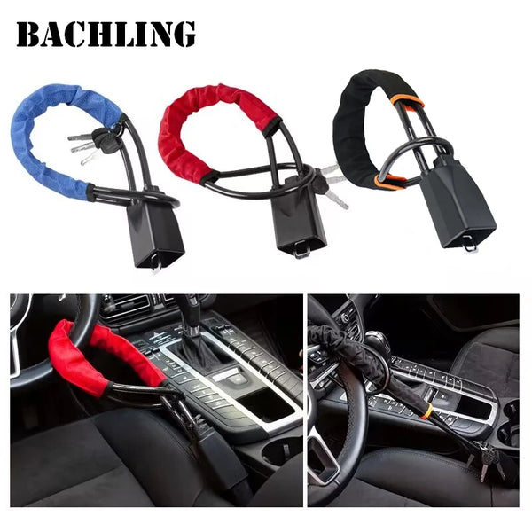 A set of universal car steering wheel and seatbelt anti-theft locks in various colors including blue, red, and black.