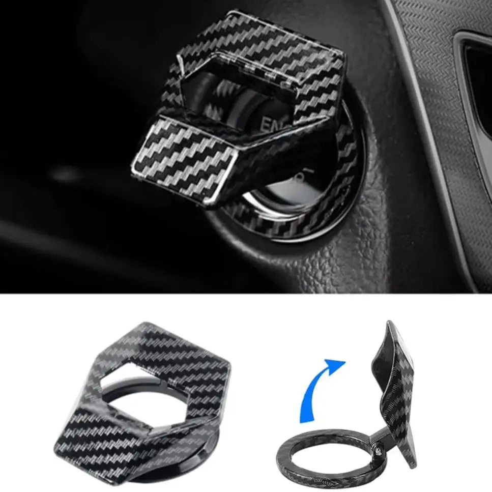 Nahaufnahme eines schwarzen Motor-Start-Stopp-Buttons mit kariertem Muster, zeigt Top- und Bottomansicht.