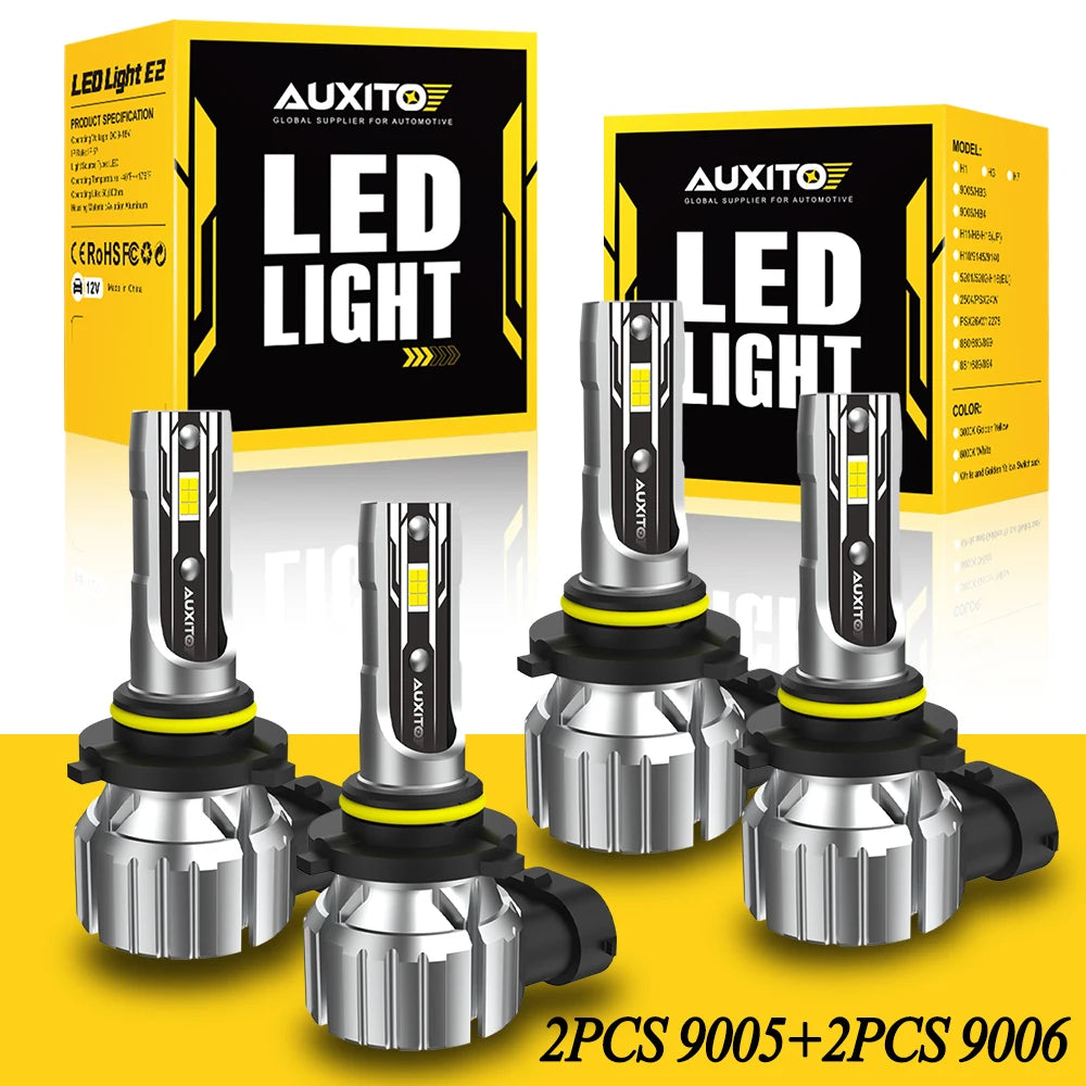 Two sets of AUXITO LED light bulbs, model 9005 and 9006, displayed with their packaging.