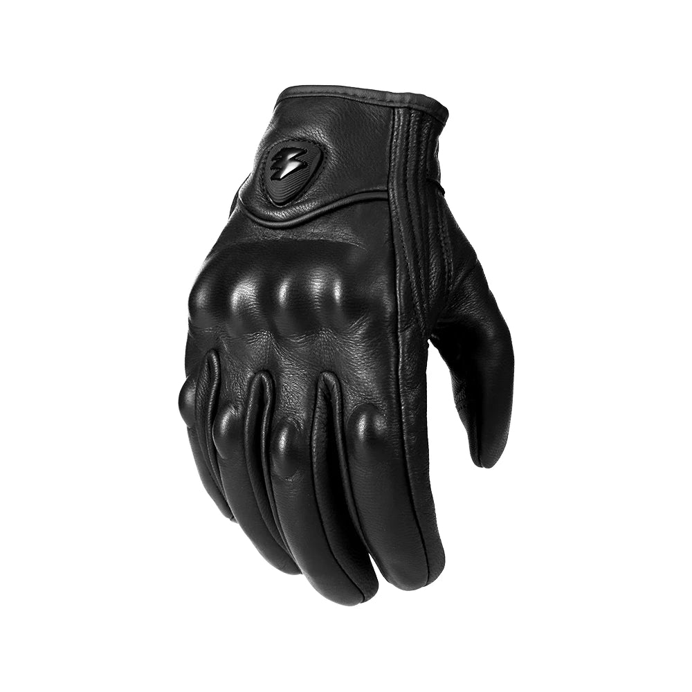 Black leather motorcycle and cycling gloves shown from the palm side