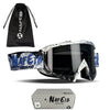 A pair of black and white motorcycle goggles and a black drawstring bag with the NAFEIB logo.