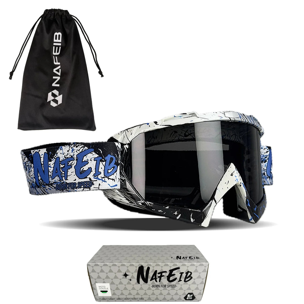 A pair of black and white motorcycle goggles and a black drawstring bag with the NAFEIB logo.
