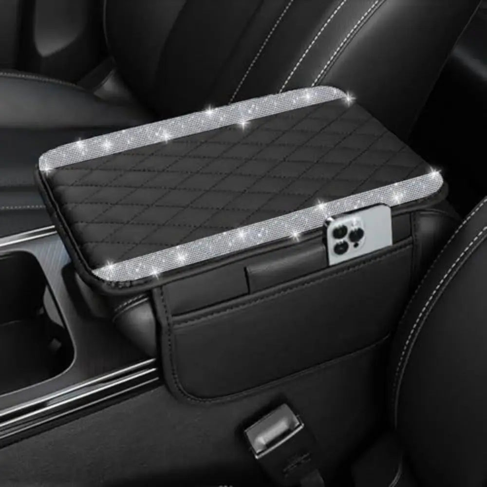 A black luxury diamond grid car console cover is shown inside a vehicle interior.