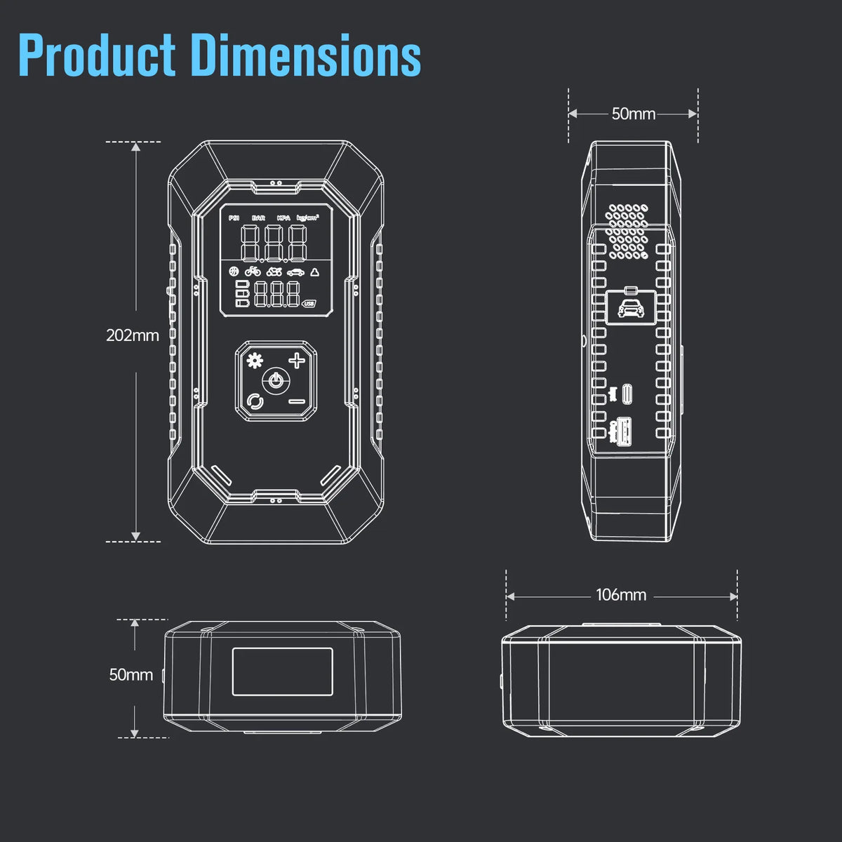 Technical drawings showing the dimensions of a portable car emergency air pump in side, top, and front views.