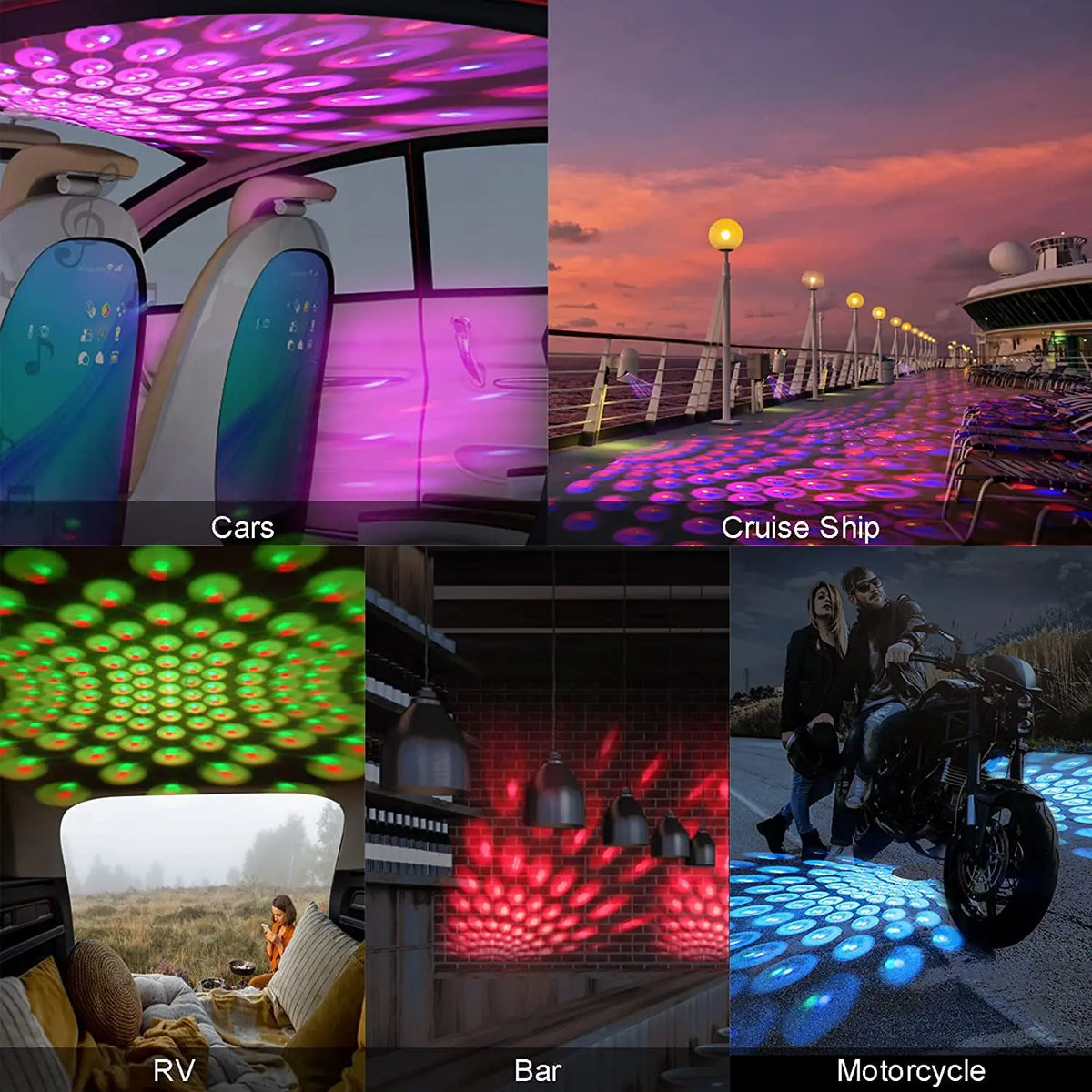 A collage showing cars, a cruise ship, an RV, a bar, and a motorcycle illuminated by multi-mode USB projection lights.