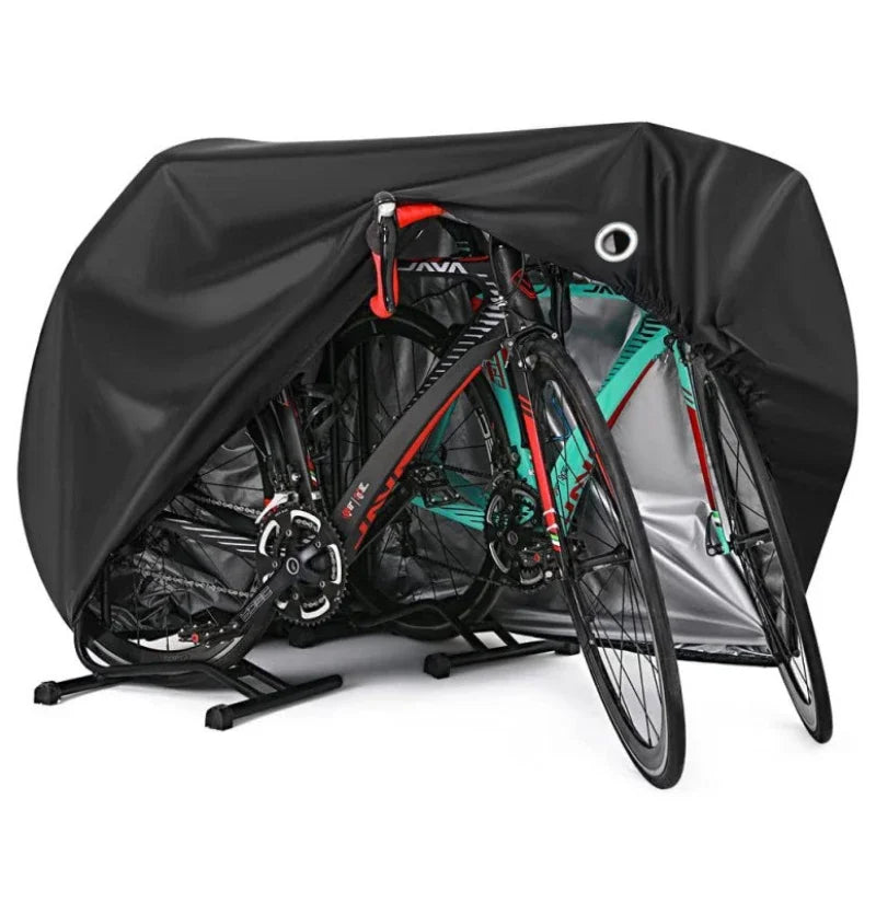 Black all-weather bicycle cover with a red lock hole visible inside the open canopy.