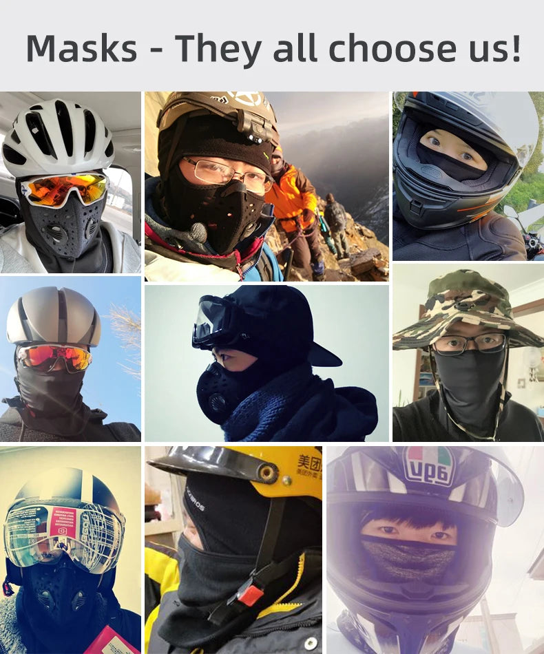 A collage of people wearing various masks and helmets for cold weather sports.
