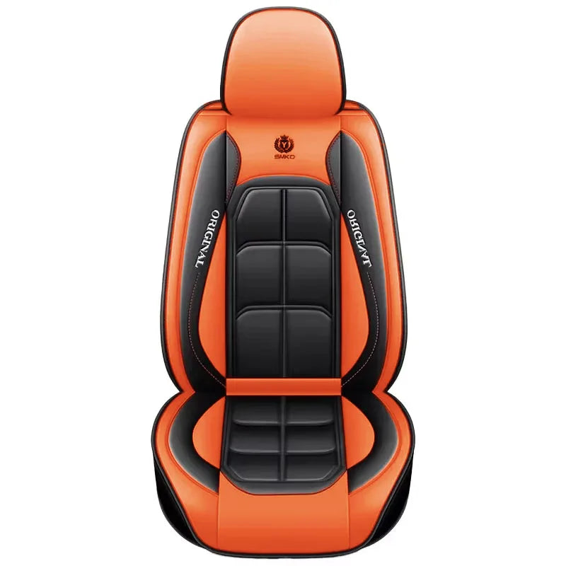 Orange and black universal leather car seat covers with visible stitching.