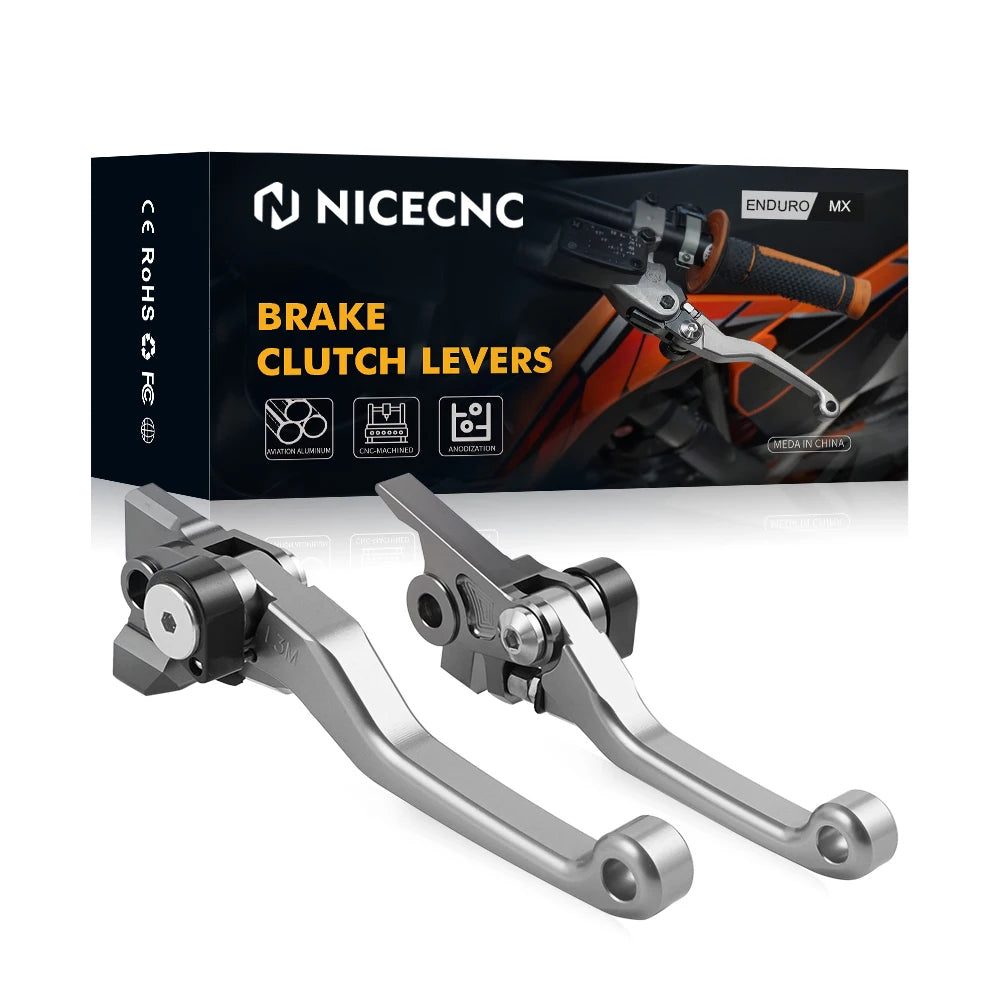 Set of precision aluminum brake and clutch levers for off-road bikes packaged in a box.
