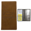 A brown leather card holder wallet with a stitched design and a clear plastic sleeve for identification documents.