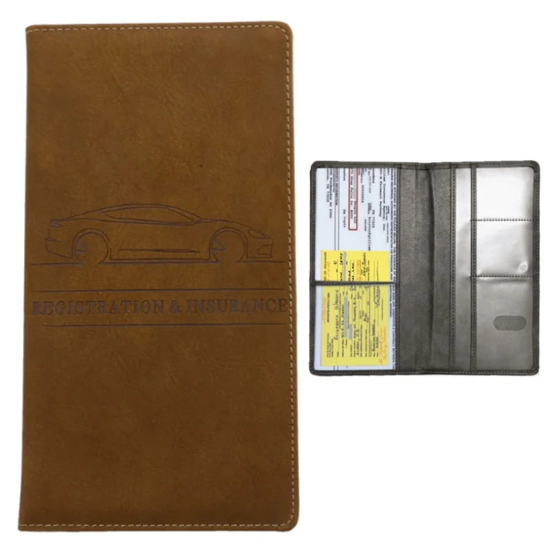 A brown leather card holder wallet with a stitched design and a clear plastic sleeve for identification documents.