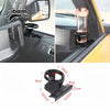 A black cup holder accessory designed for a Ford Bronco, featuring an adjustable mount and a clear glass cup.