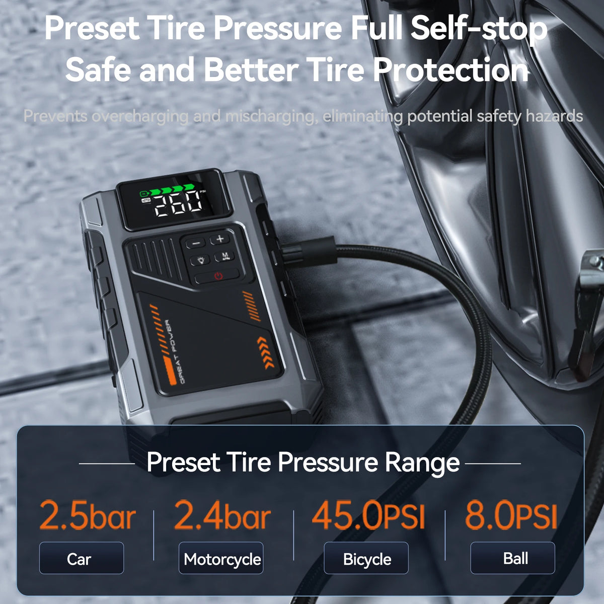 Portable tire pressure gauge and inflator device with a cable shown next to a car tire.
