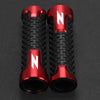 A pair of red motorcycle lever and handguard protector sets with black textured grips and white N logos.