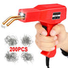 A hand holds a red plastic welding gun with a gold tip, next to several packs of wire for DIY repairs.