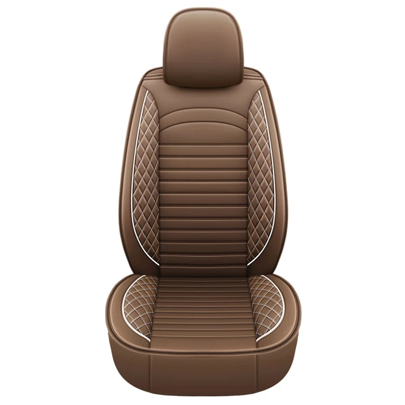 A brown universal PU leather car seat cushion with stitched detailing.