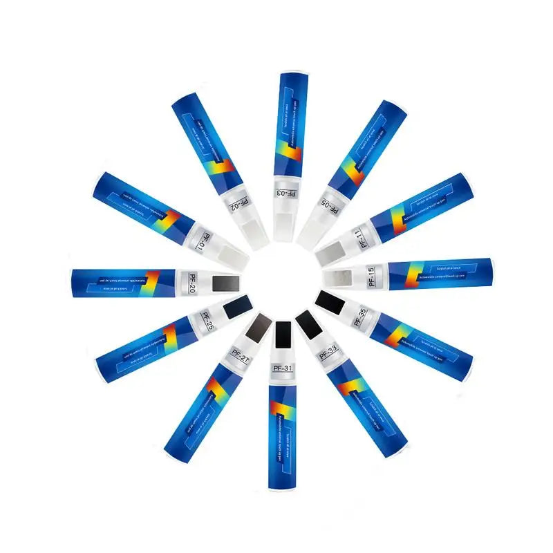 A collection of Car Touch-Up Paint Pens with brush and pen tips arranged in a circular pattern.