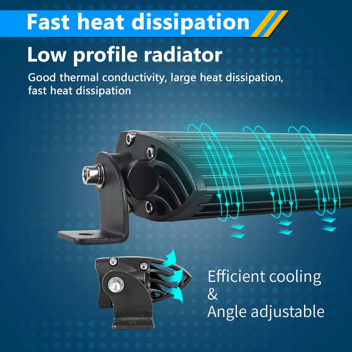 A low profile radiator with fins and an angle adjustable mounting bracket for efficient cooling.