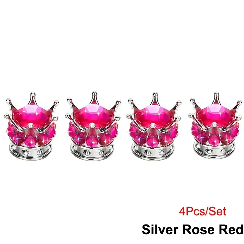 Set of four silver rose red diamond rhinestone tire valve caps