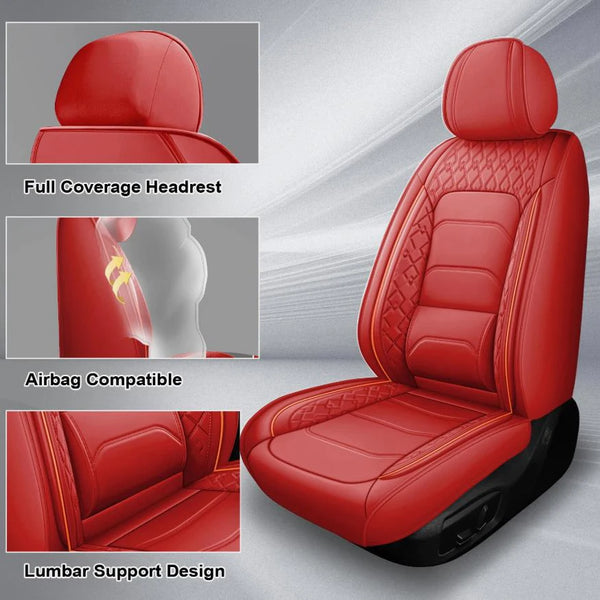Red leather car seat covers featuring a full coverage headrest, airbag compatibility, and lumbar support design.