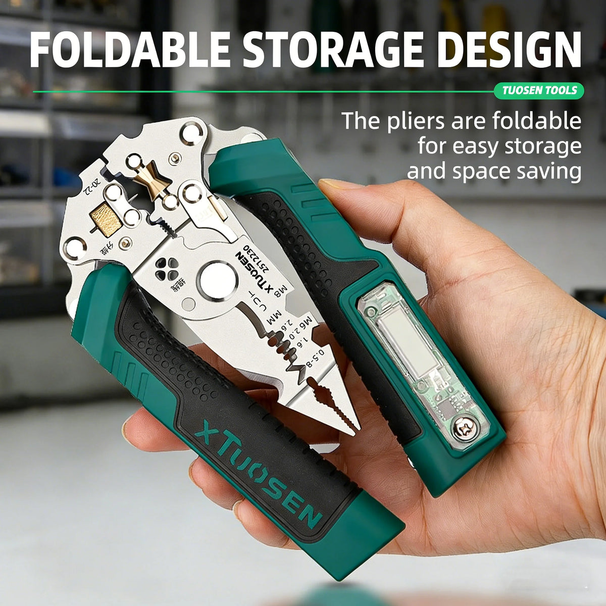 A hand holds a green and silver foldable pliers tool for easy storage and space saving.
