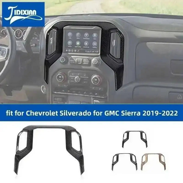 Black center console navigation panel trim cover for Chevrolet Silverado and GMC Sierra vehicles