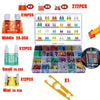 A set of automotive blade fuses including 10 pieces of 2A-35A fuses, 12 pieces of 2A-35A fuses, and one mini 2A-35A fuse.