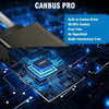 A close-up view of a CANBUS PRO module with a circuit board and connector, set against a blue digital background.